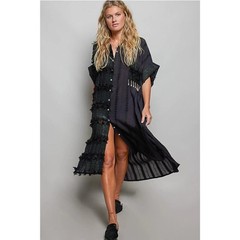 POL Dangle Trim Textured Cotton Oversized Long Shirt Dress – Cream