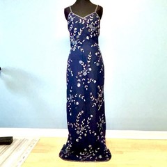 Rare Vintage SCALA Navy Size S Pure Silk Beaded Maxi Dress Gown Slit Elegant