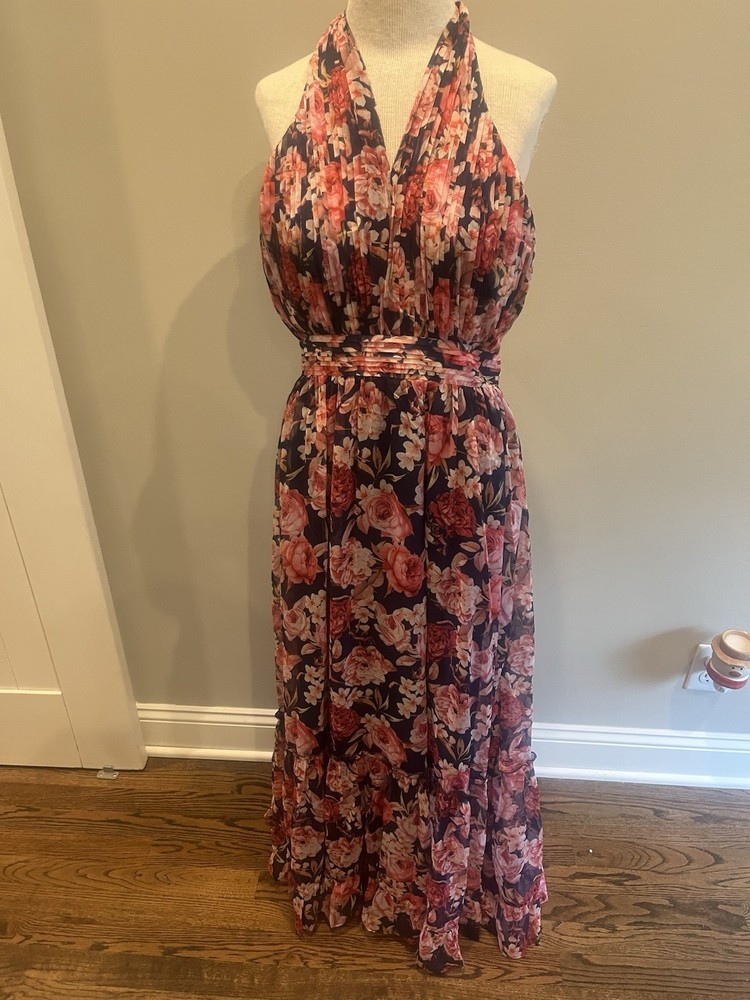 Petal & Pup Linen Halter Maxi Dress Rose Navy Blue Multi Floral Sz Med NEW Tags