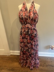 Petal & Pup Linen Halter Maxi Dress Rose Navy Blue Multi Floral Sz Med NEW Tags