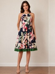 Vince Camuto Navy Floral Halter Midi Dress with Green Trim