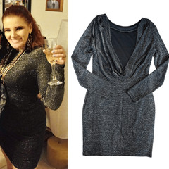 Favlux Black Sparkly Metallic Long Sleeve Draped Back Mini Dress Large