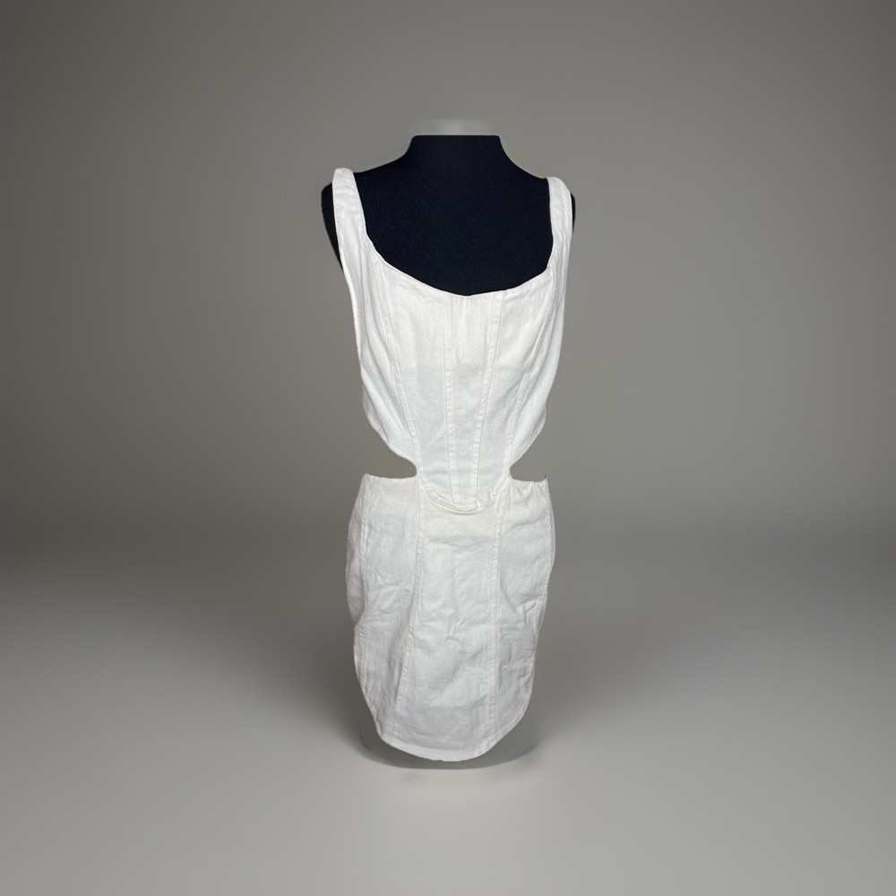 Denim Open Back Side Cut Out Mini Dress L 12 White Side Zip Stretch
