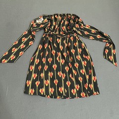 Ecote Mini Dress Womens XS Black Excellent Ikat Print Off Shoulder Long Sleeve