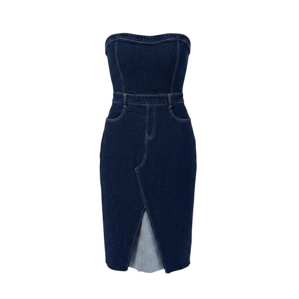 GB Denim Y2K Strapless Bodycon Midi Dress Dark Wash Women&rsquo;s Size L NWT