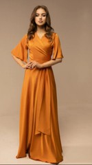 musturd rod satin silk wrape maxi dress for women flared sleeve v neckline