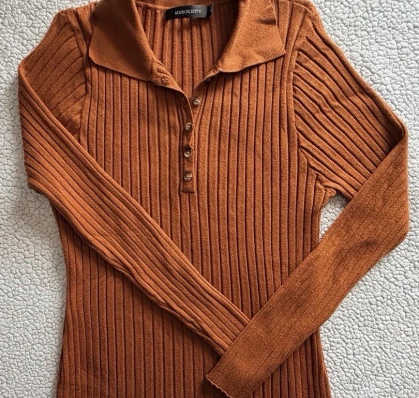 MEROKEETY Brown Ribbed Knit Collared Button Sweater Midi Dress XXL