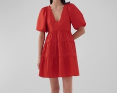 $320 Bird & Knoll Women&rsquo;s Red Gigi Puff-Sleeve Tiered Poplin Mini Dress Size XS