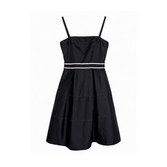 RENEEVON Black A-Line Straight Neck Smocked Zip Dress Linen Korean Coquette Midi