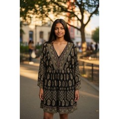 Maeve by Anthropologie Black Gold Medium Paisley V Neck Avalon Printed Dress