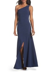 MARIA BIANCA NERO Navy Blue One Shoulder Stretch Front Slit Maxi Gown Dress 0 XS