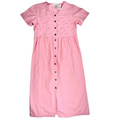 Vintage Pink Linen Button Front Maxi Dress Floral Embroidered Empire Waist Med