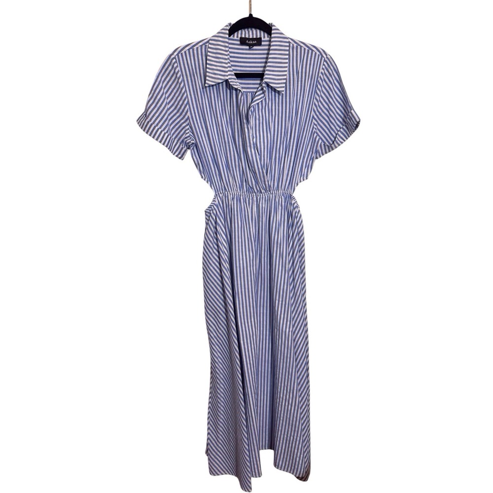 Aakaa Size Medium Blue White Stripe Cutout Midi Shirt Dress Preppy Vacation