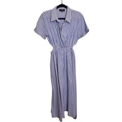 Aakaa Size Medium Blue White Stripe Cutout Midi Shirt Dress Preppy Vacation