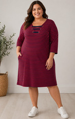 Michael Michael Kors Red Blue Striped Knit V-Neck Shift Knee Dress Size L