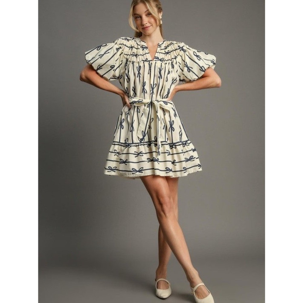 Enchanted Bow Mini dress puff sleeves, shirred ruffle details. Umgee medium NWT