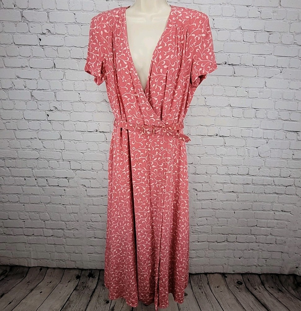 Papillon Pink 100% Silk Leaf Print Short Sleeve Belted Lined Long Wrap Dress 16