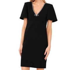 CeCe Rhinestone Bow Short Sleeve Sheath Dress V Neck Black Zip Womens Size 2 NWT