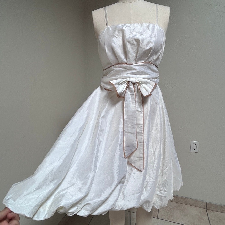 Vintage Handmade Fairy Dress Satin Ivory Bow Bubble Hem Romantic Bridal S