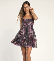 Lulu’s NWT XS Midnight Beauty Black And Purple Floral Print Bustier Mini Dress