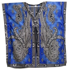 Boho Blue Paisley Kaftan Dress Women Short Polyester V-Neck Loungewear Kimono To