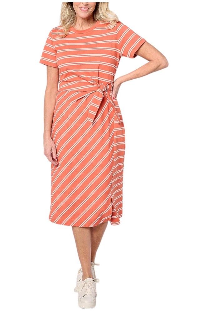 AnyBody Regular Tossed Stripe Cotton Knit Midi Dress Paprika/Lt Pink