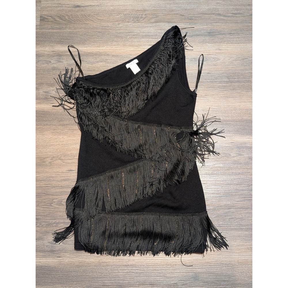 Cache Black One Shoulder Tiered Fringe Knit Party Dress Large L RN 74578