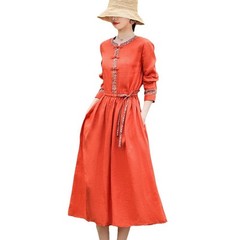 Vintage Artistic Long Sleeve Round Neck Cotton And Linen Dress Women&rsquo;s Lace-up C