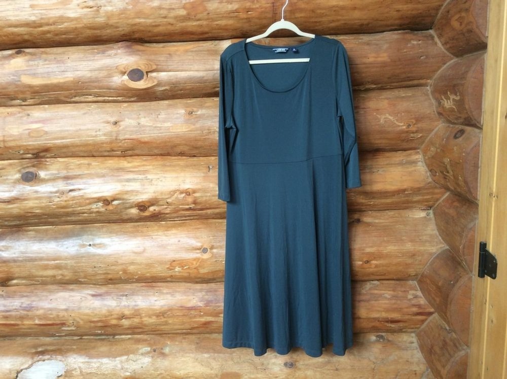 Lands&rsquo; End Green Teal Liquid Travel Midi Dress Size 18 Comfort Modest Stretch
