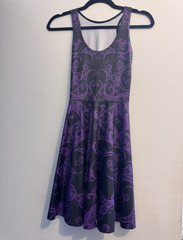 Black Milk Womens Sz S Purple Black Skull Print Skater Dress Scoop Neck Knee