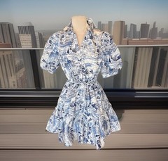 Sugarlips White Blue Etchings Collared Puff Sleeve Mini Ruffle Hem Puff Sleeve