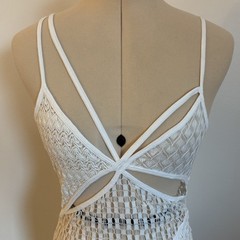 For Love & Lemons Tracy Knit Cutout Midi Dress in White, Boho Crochet Coverup, S