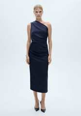 NWT MANGO MNG $90 NIGHT BLUE GATHERED DETAIL ASYMMETRICAL SATIN DRESS SZ M US 6