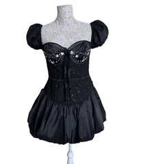 NWT For Love & Lemons Mckenna Mini Bubble Hem Lace Bustier Dress Black X-Large