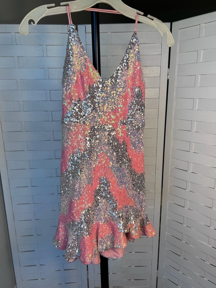 Selfie Leslie Take Note Cami Strap Sequin Mini Dress in Peach and Silver