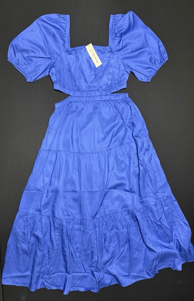 The Drop Blue Solid Square Neck Puff Sleeve Cut-Out Tiered Maxi Dress M