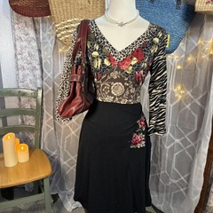 KappAhl Vintage Patchwork Leopard Floral Fit & Flare Dress EU 40/42