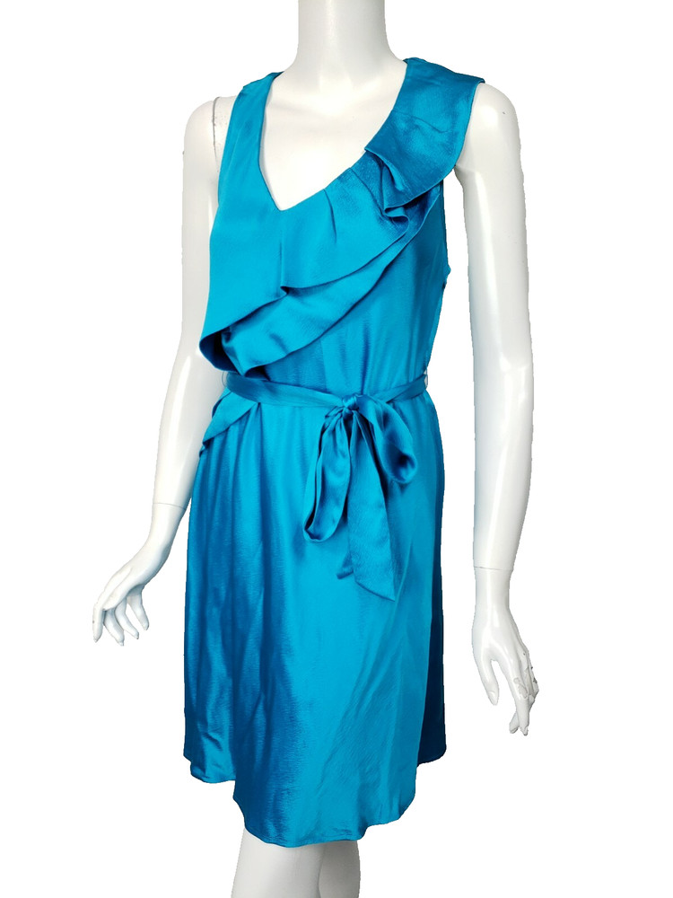 ALI RO Turquoise Blue Hammered Silk Ruffled Asymmetric V-Neck Belted Dress sz 6