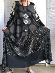 ARTSY LAGENLOOK BOHO ASYMMETRICAL PATCHWORK POLKA DOT DRESS WITH NECKLACE PLUS