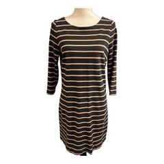Boden Dress Women US 10 Black Tan Stripe Shift Midi Cotton Modal Blend Preppy