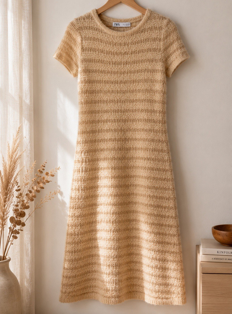 Zara S Beige Solid Textured Knit Sweater Dress Midi Round Neck Short Sleeve