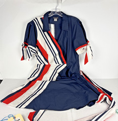 Venus Navy White Red Striped Wrap Dress Sz 10 Tie Waist Pockets Shirt Dress