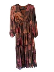Isabel & Nina Women Sz 4 Floral Mesh Maxi Dress V-Neck Tiered Long Sleeve Brown