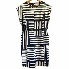 Calvin Klein Black White Striped Sheath Dress Belted Stretch Knee Length 14