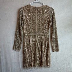 Gianni Bini Long Sleeve Champagne Sequin and Pearl Embellished Mini Dress