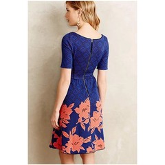 HD in Paris Blushed Blooms Jacquard Dress Womens Medium Blue Coral Fit and Flare