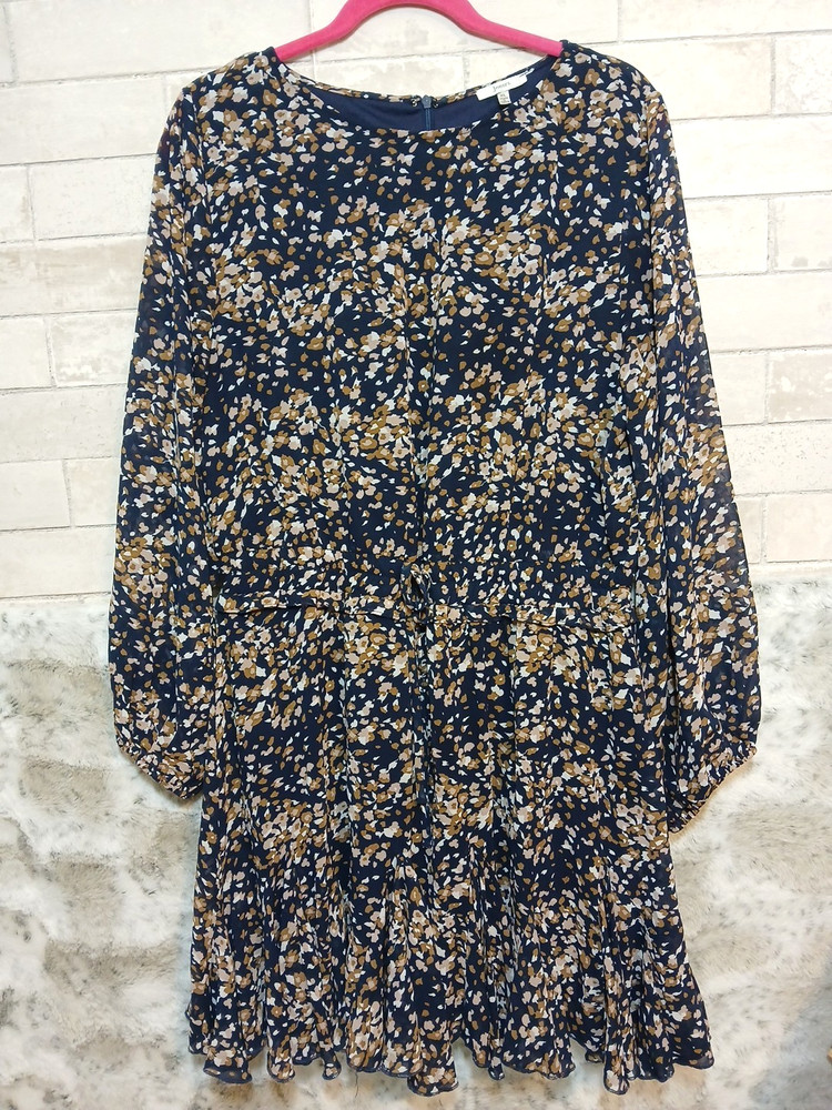 Jodifl Ditsy Print Navy XL Paneled Ruffle Hem Shorts Lined Dress Drawstrig Waist