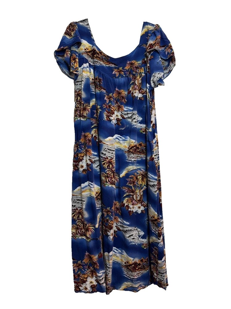 Vintage Hilo Hattie Womens Maxi Dress Blue Hawaiian Muumuu XL Hawaii USA Rayon