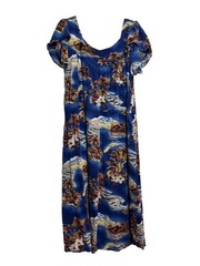 Vintage Hilo Hattie Womens Maxi Dress Blue Hawaiian Muumuu XL Hawaii USA Rayon