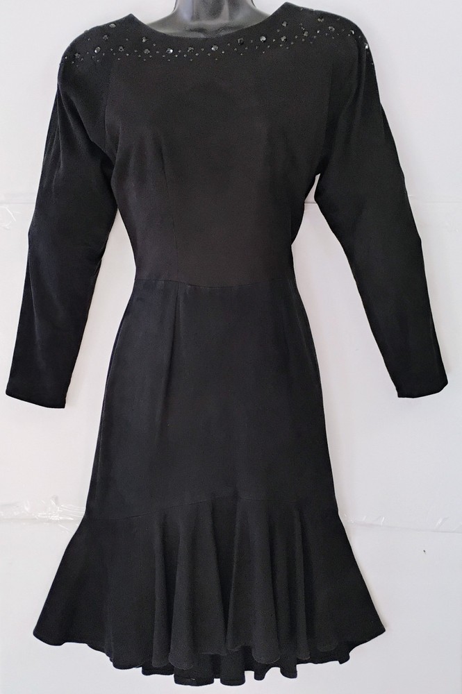 Vintage Black Suede Beaded Dress V-Neck Open Back Kick Pleat Skirt Size XSmall